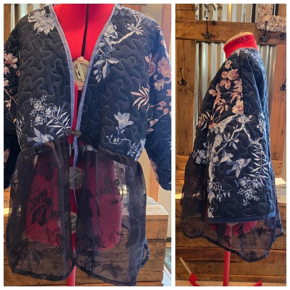 Upcycled Navy Blue Floral Quilted Jacket L-XL Vtg Lace Peplum Dont Throw It Out - Picture 2 of 6